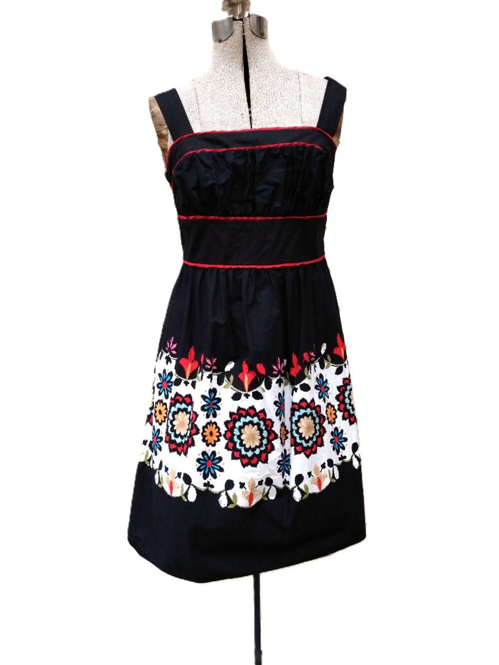 Black Cotton Sundress with Colourful Flower Border Print Size 7 Cottagecore